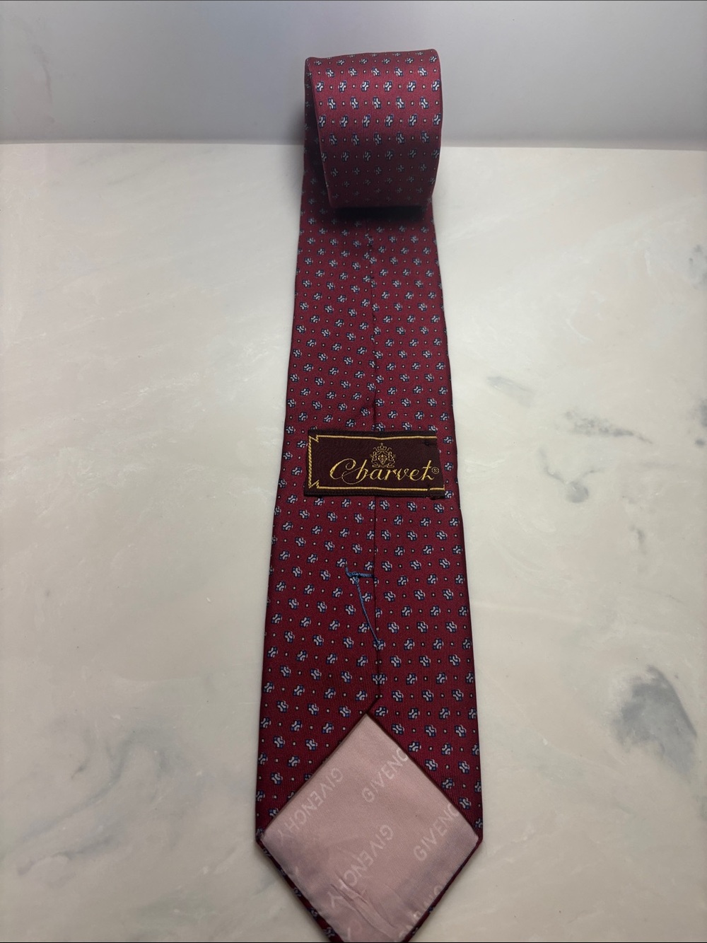 Vintage Givenchy co-branded Charvet Men's Burgundy Silk Tie with Blue Micro-Dots